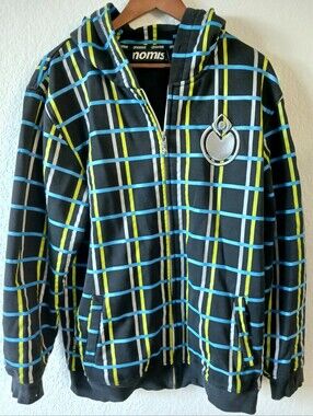 Nomis Black Snowboard Jacket with Hood Blue & Yellow Plaid Stripes - Mens Large